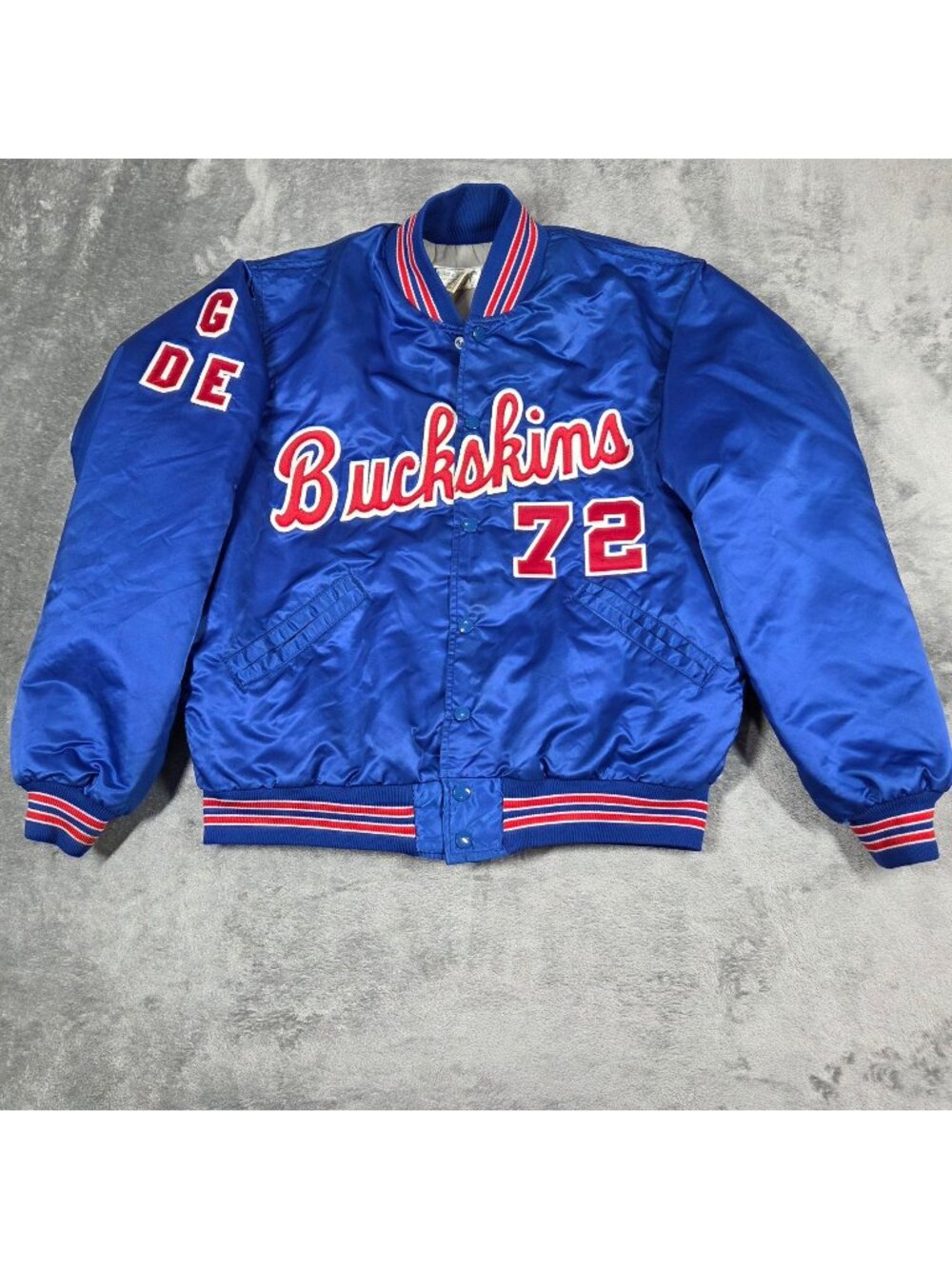 Vintage Conestoga Valley Buckskins Jacket Mens Medium Blue Satin Football Bomber